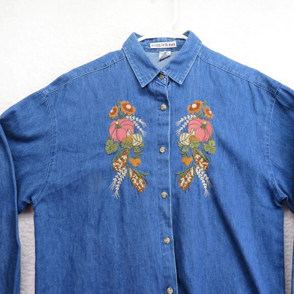 Maggie Max Shirt Womens Size Medium Embroidered Fall Floral Denim Blouse Vintage - Picture 2 of 8